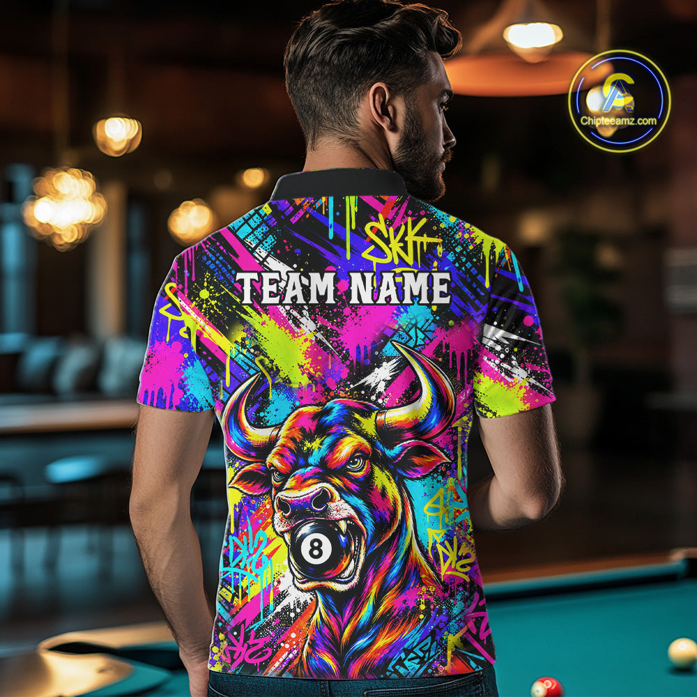 Custom Neon Graffiti Bull Funny Billiard Polo 1/4-Zip Shirt For Men Colorful 8 Ball Pool Team Jersey NYN4558
