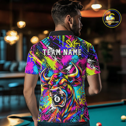 Custom Neon Graffiti Bull Funny Billiard Polo 1/4-Zip Shirt For Men Colorful 8 Ball Pool Team Jersey NYN4558