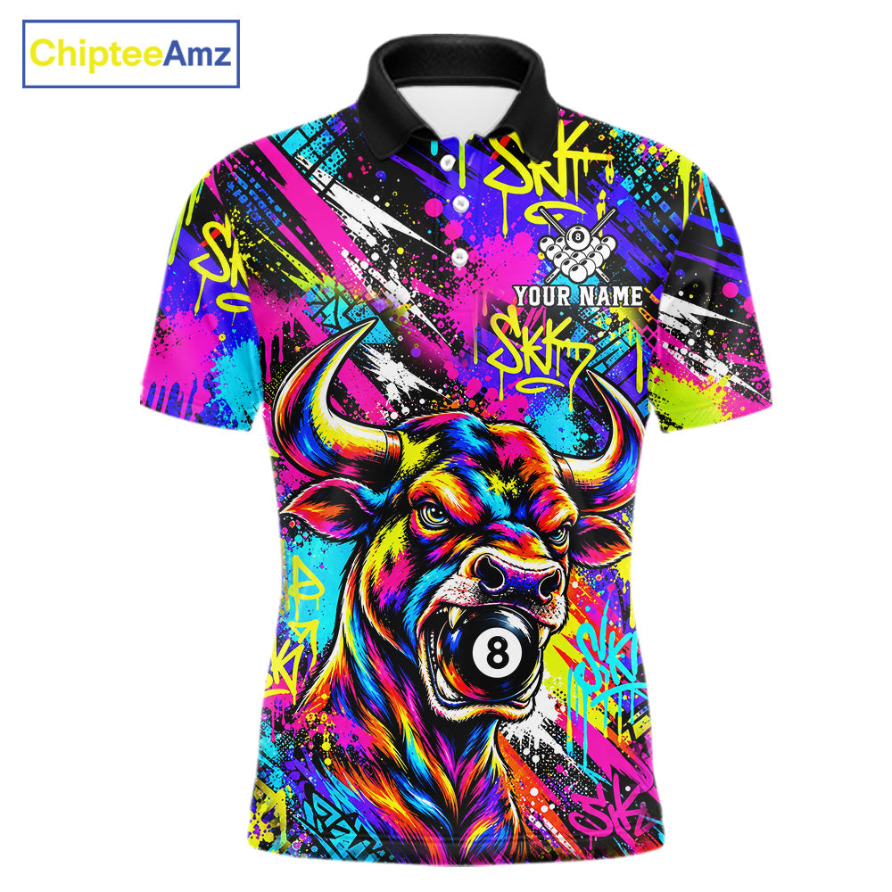 Custom Neon Graffiti Bull Funny Billiard Polo 1/4-Zip Shirt For Men Colorful 8 Ball Pool Team Jersey NYN4558