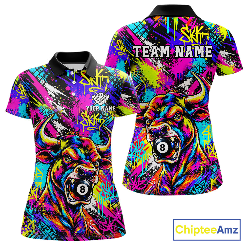 Custom Neon Graffiti Bull Funny Billiard Polo 1/4-Zip Shirt For Women Colorful 8 Ball Pool Team Jersey NYN4558