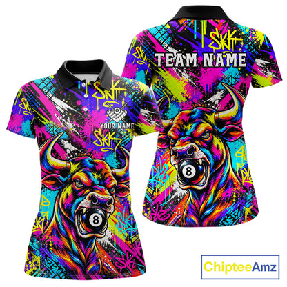 Custom Neon Graffiti Bull Funny Billiard Polo 1/4-Zip Shirt For Women Colorful 8 Ball Pool Team Jersey NYN4558