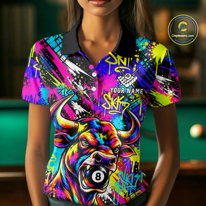 Custom Neon Graffiti Bull Funny Billiard Polo 1/4-Zip Shirt For Women Colorful 8 Ball Pool Team Jersey NYN4558