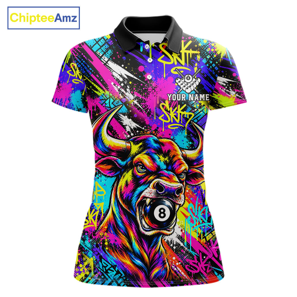 Custom Neon Graffiti Bull Funny Billiard Polo 1/4-Zip Shirt For Women Colorful 8 Ball Pool Team Jersey NYN4558
