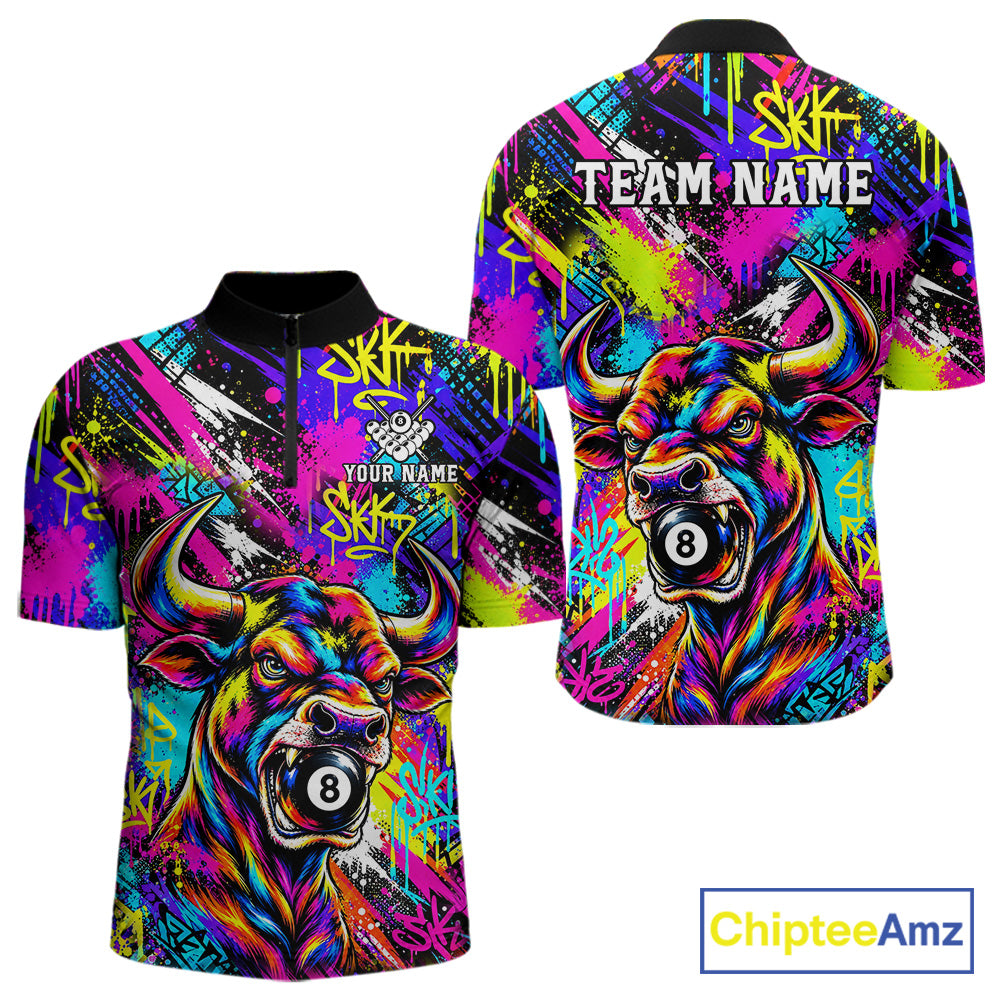 Custom Neon Graffiti Bull Funny Billiard Polo 1/4-Zip Shirt For Men Colorful 8 Ball Pool Team Jersey NYN4558