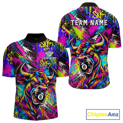 Custom Neon Graffiti Bull Funny Billiard Polo 1/4-Zip Shirt For Men Colorful 8 Ball Pool Team Jersey NYN4558