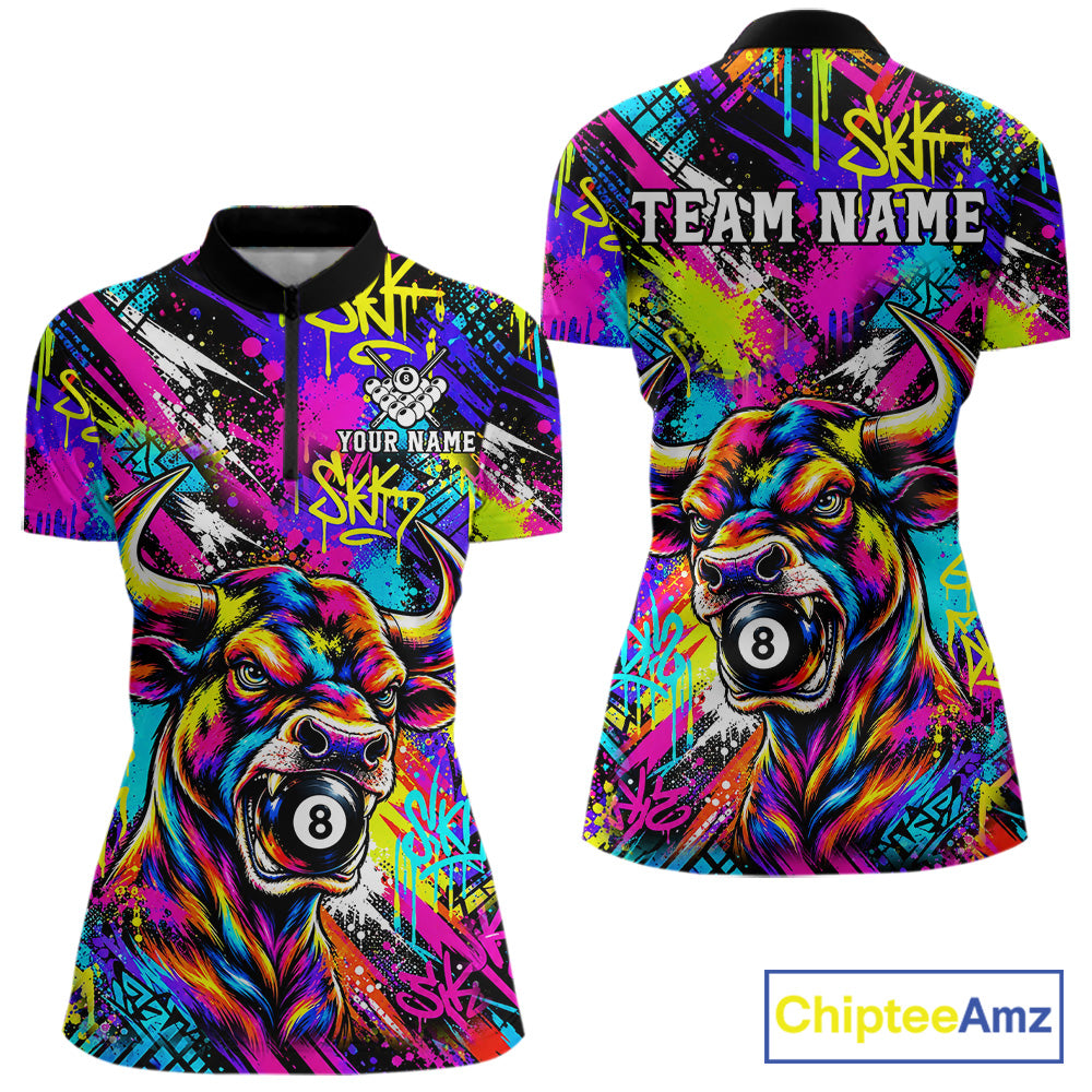 Custom Neon Graffiti Bull Funny Billiard Polo 1/4-Zip Shirt For Women Colorful 8 Ball Pool Team Jersey NYN4558