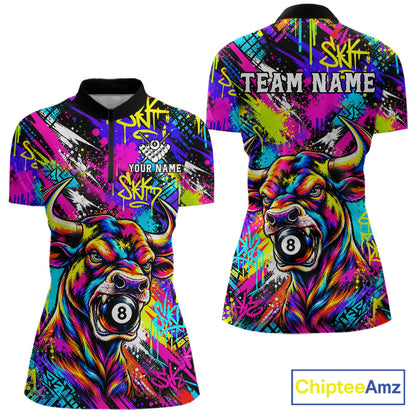 Custom Neon Graffiti Bull Funny Billiard Polo 1/4-Zip Shirt For Women Colorful 8 Ball Pool Team Jersey NYN4558