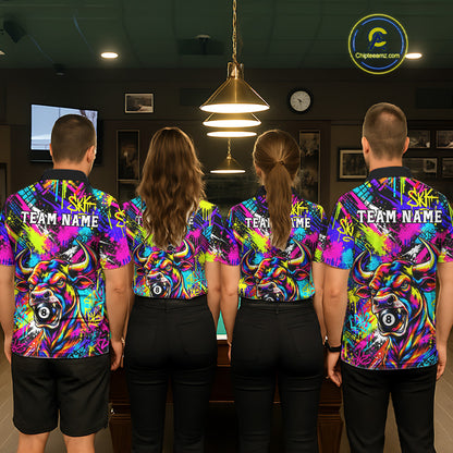 Custom Neon Graffiti Bull Funny Billiard Polo 1/4-Zip Shirt For Men Colorful 8 Ball Pool Team Jersey NYN4558