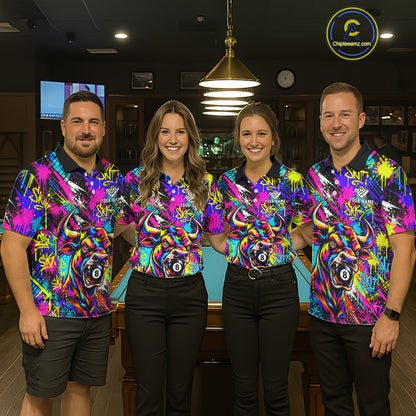 Custom Neon Graffiti Bull Funny Billiard Polo 1/4-Zip Shirt For Men Colorful 8 Ball Pool Team Jersey NYN4558
