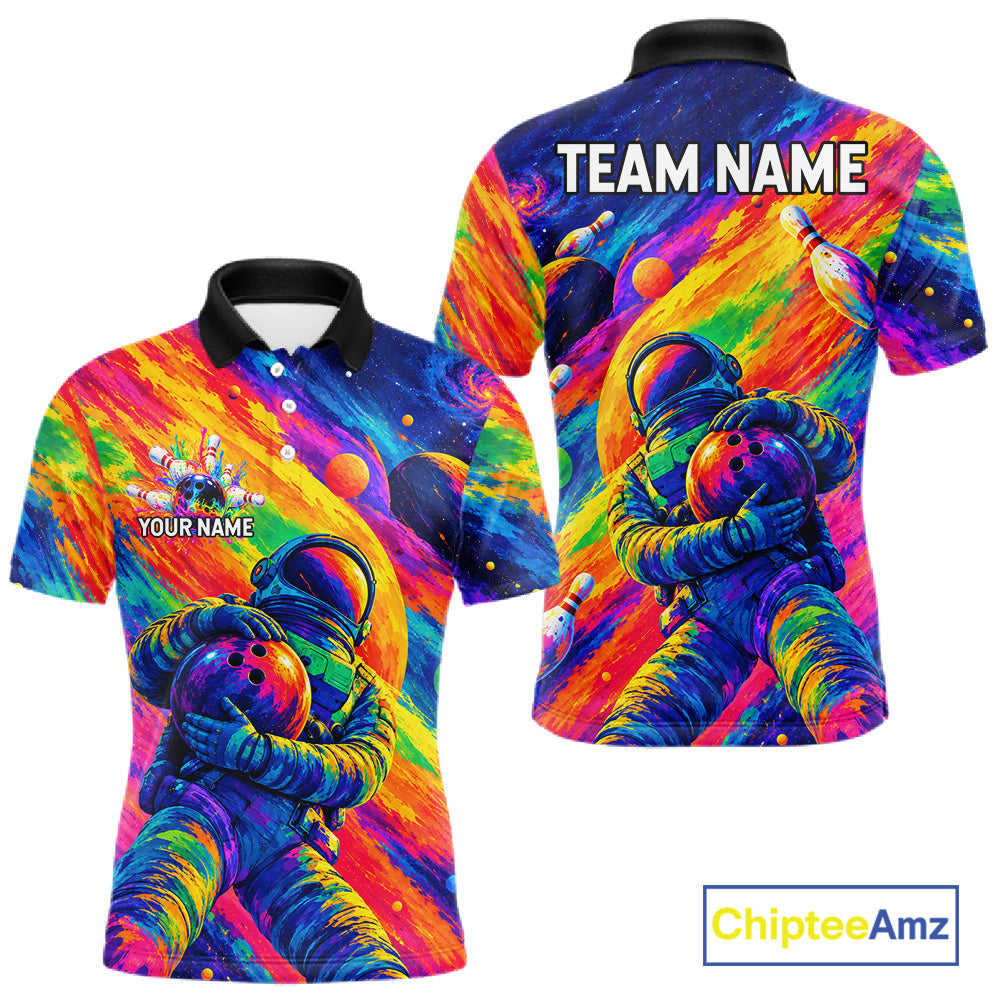 Custom Funny Astronaut Mens Bowling Polo 1/4-Zip Shirt Psychedelic Galaxy Bowler Team Jersey NYN4561