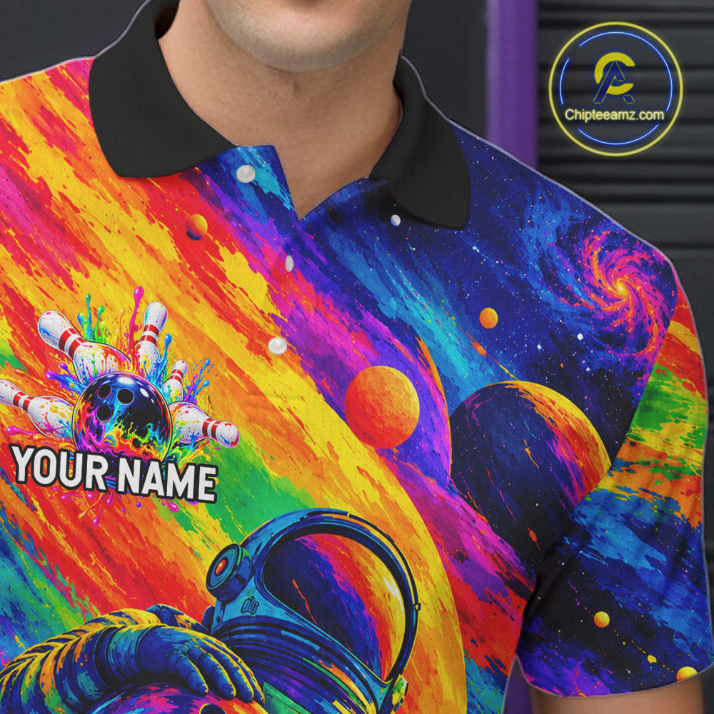 Custom Funny Astronaut Mens Bowling Polo 1/4-Zip Shirt Psychedelic Galaxy Bowler Team Jersey NYN4561