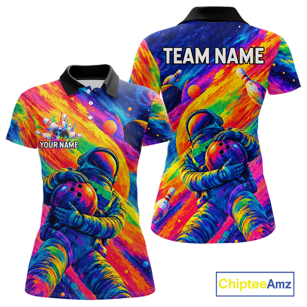 Custom Funny Astronaut Women Bowling Polo 1/4-Zip Shirt Psychedelic Galaxy Bowler Team Jersey NYN4561