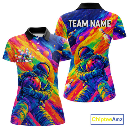 Custom Funny Astronaut Women Bowling Polo 1/4-Zip Shirt Psychedelic Galaxy Bowler Team Jersey NYN4561
