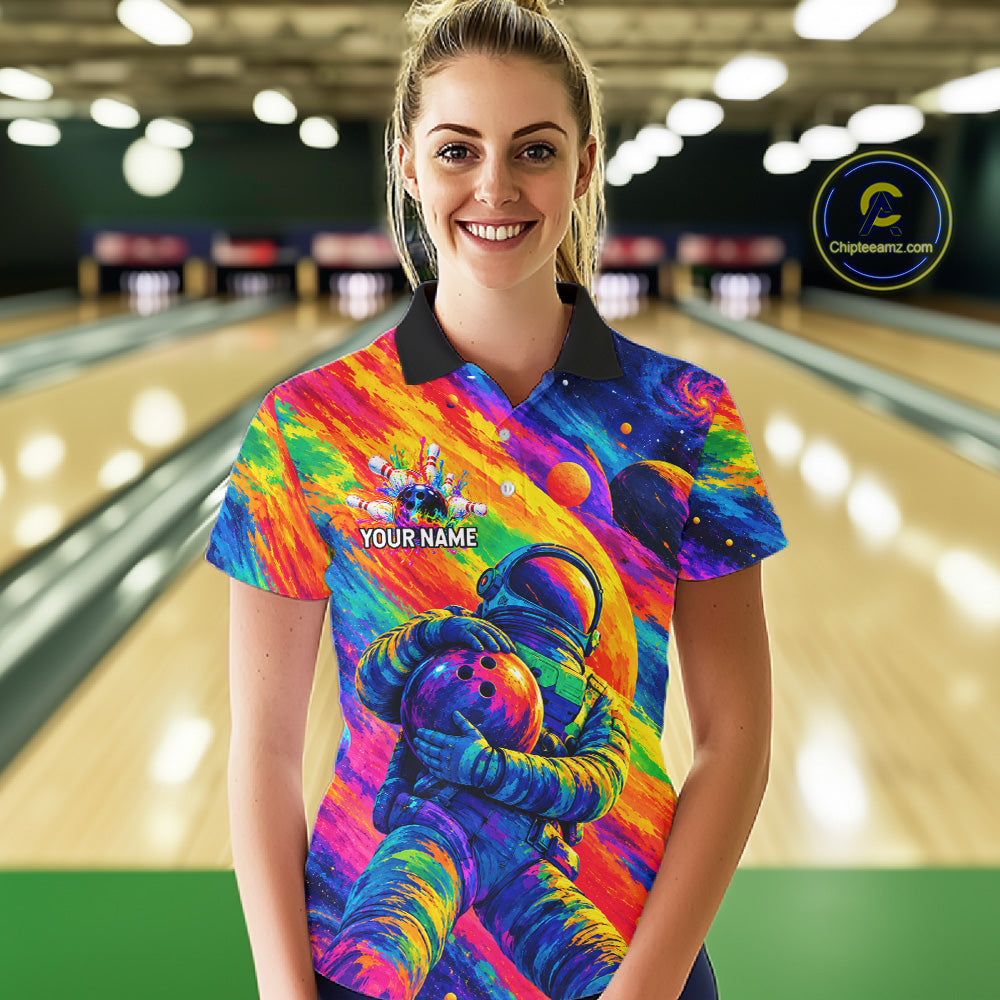 Custom Funny Astronaut Women Bowling Polo 1/4-Zip Shirt Psychedelic Galaxy Bowler Team Jersey NYN4561