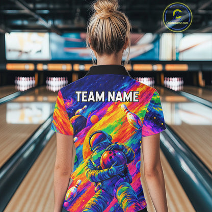 Custom Funny Astronaut Women Bowling Polo 1/4-Zip Shirt Psychedelic Galaxy Bowler Team Jersey NYN4561
