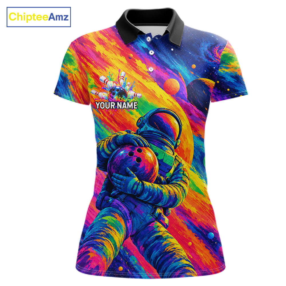 Custom Funny Astronaut Women Bowling Polo 1/4-Zip Shirt Psychedelic Galaxy Bowler Team Jersey NYN4561