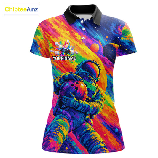 Custom Funny Astronaut Women Bowling Polo 1/4-Zip Shirt Psychedelic Galaxy Bowler Team Jersey NYN4561