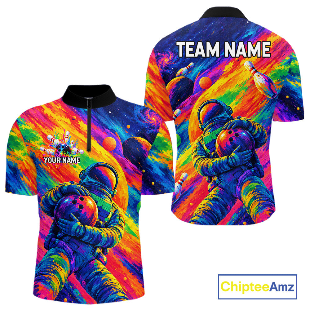 Custom Funny Astronaut Mens Bowling Polo 1/4-Zip Shirt Psychedelic Galaxy Bowler Team Jersey NYN4561