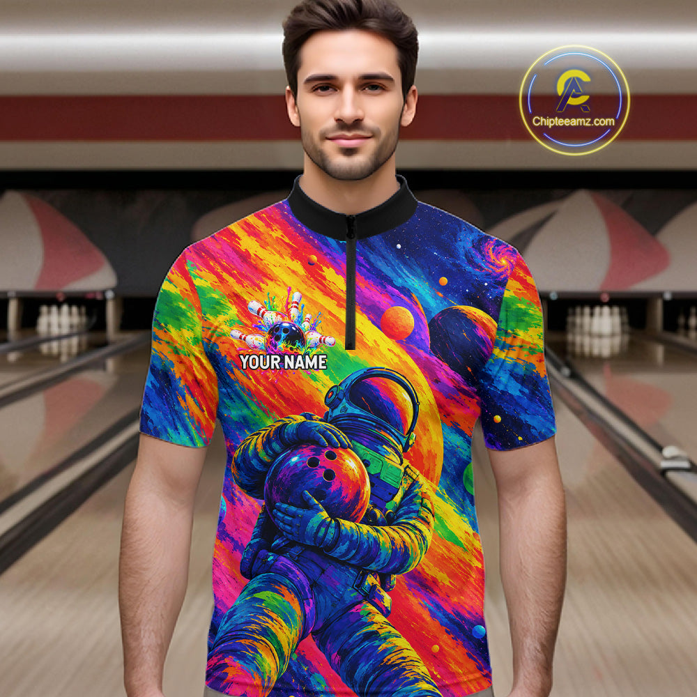 Custom Funny Astronaut Mens Bowling Polo 1/4-Zip Shirt Psychedelic Galaxy Bowler Team Jersey NYN4561