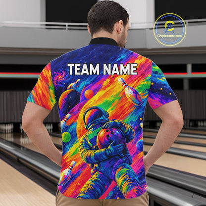 Custom Funny Astronaut Mens Bowling Polo 1/4-Zip Shirt Psychedelic Galaxy Bowler Team Jersey NYN4561