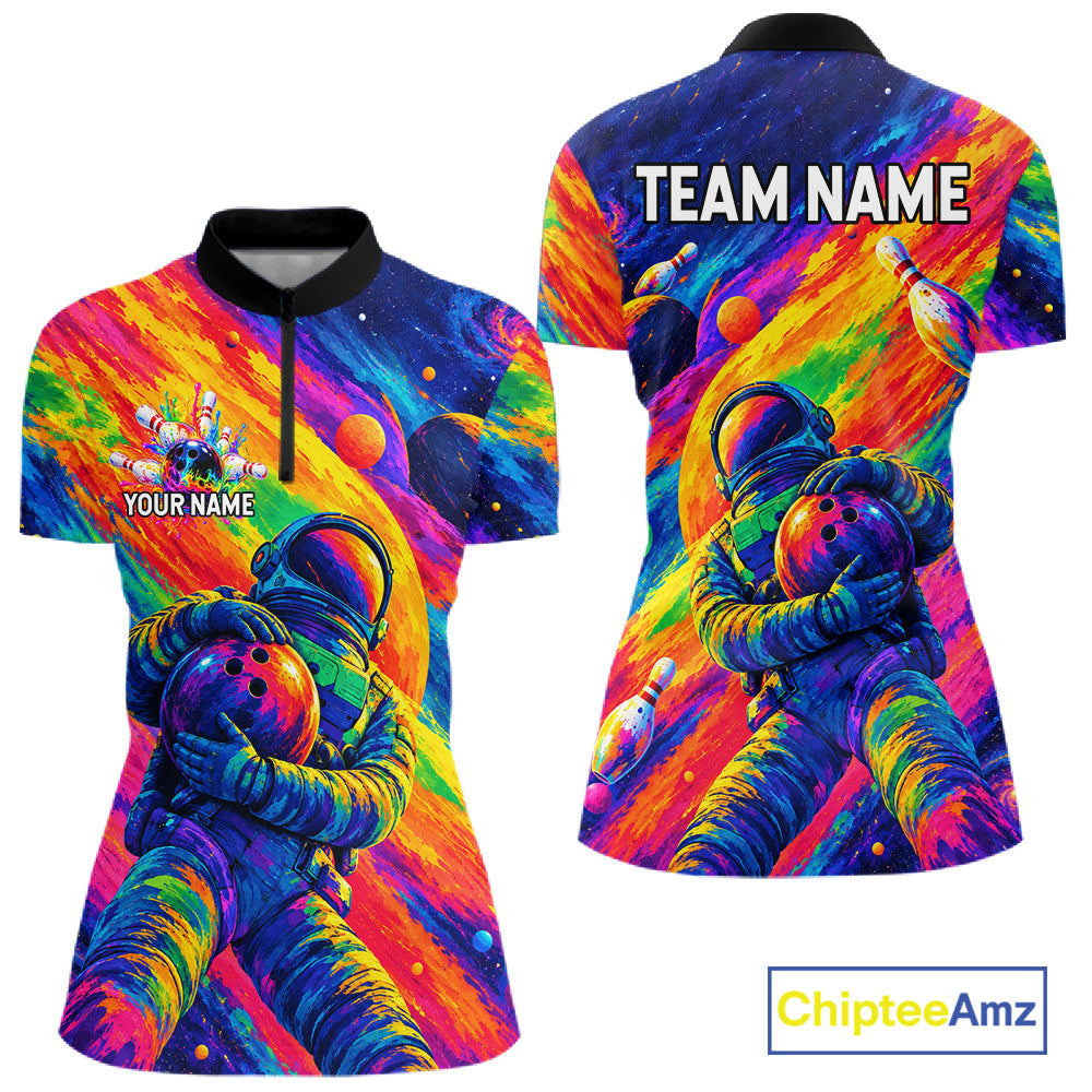 Custom Funny Astronaut Women Bowling Polo 1/4-Zip Shirt Psychedelic Galaxy Bowler Team Jersey NYN4561
