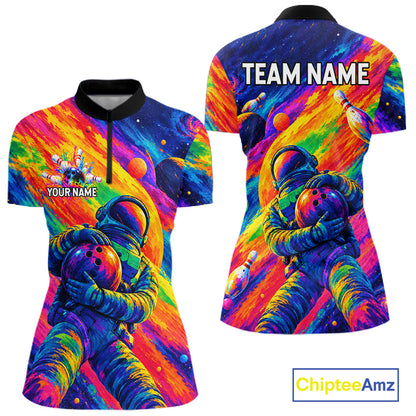 Custom Funny Astronaut Women Bowling Polo 1/4-Zip Shirt Psychedelic Galaxy Bowler Team Jersey NYN4561