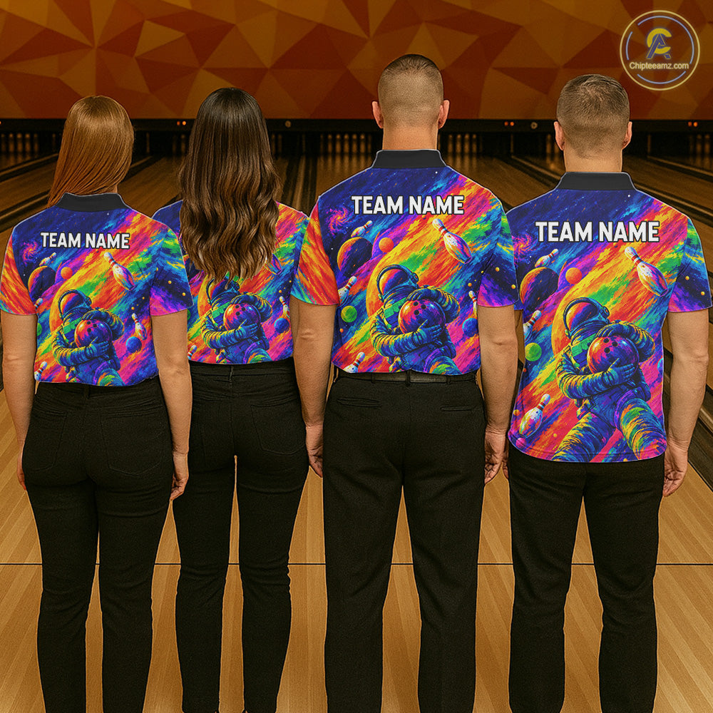 Custom Funny Astronaut Women Bowling Polo 1/4-Zip Shirt Psychedelic Galaxy Bowler Team Jersey NYN4561