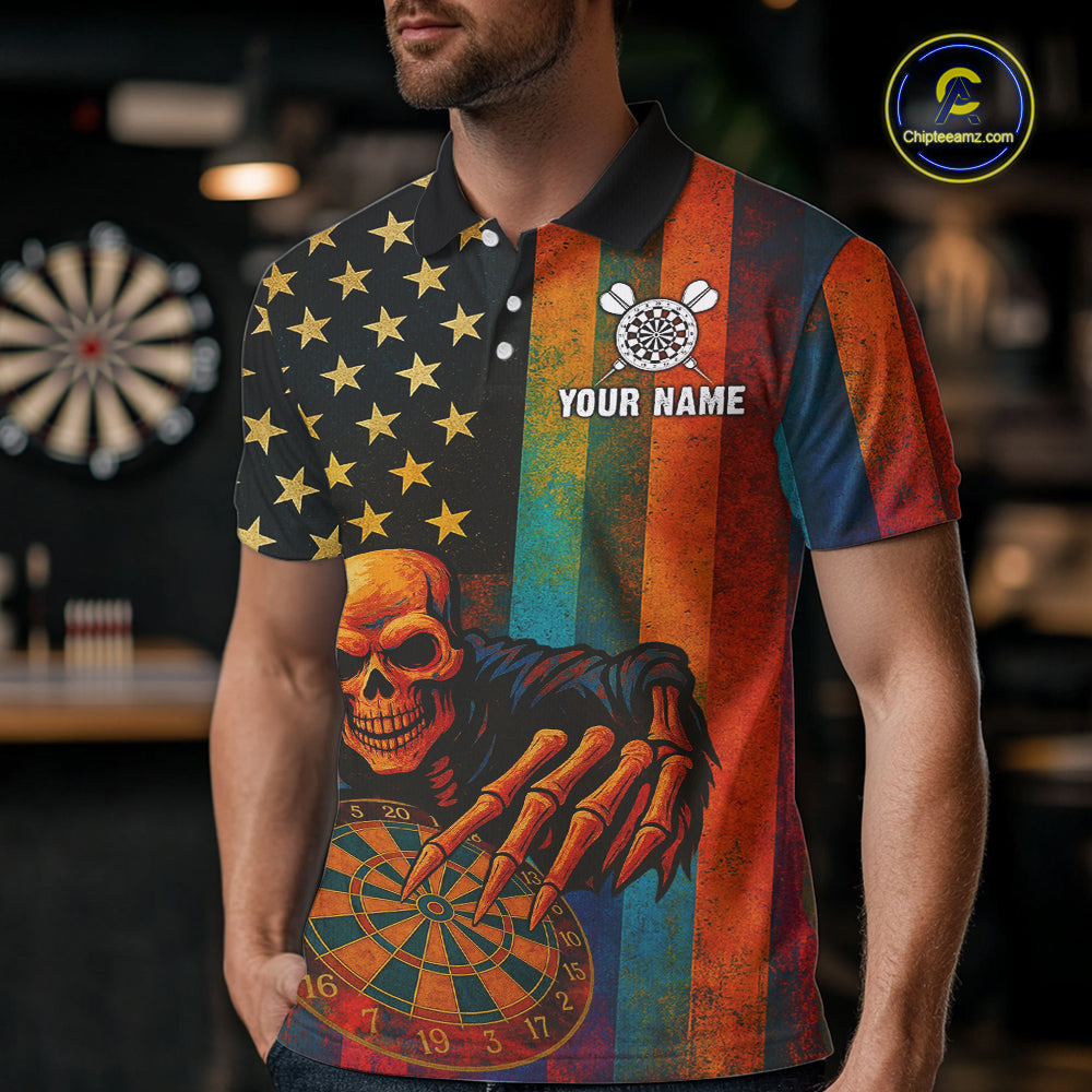 Custom Grunge Colorful US Flag Grim Reaper Dart Men Polo Jerseys Patriotic Dart Gifts NYN1722