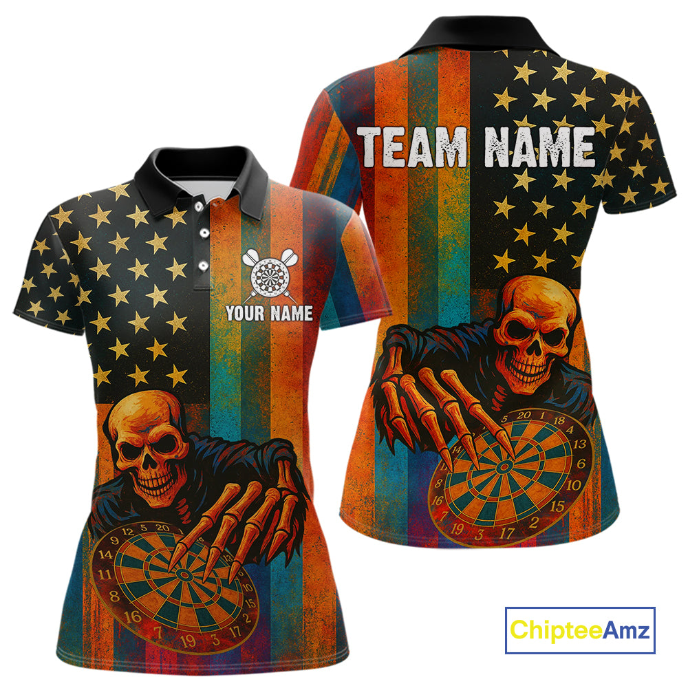 Custom Grunge Colorful US Flag Grim Reaper Dart Women Polo Jerseys Patriotic Dart Gifts NYN1722
