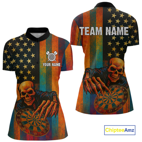 Custom Grunge Colorful US Flag Grim Reaper Dart Women Quarter-Zip Jerseys Patriotic Dart Gifts NYN1722