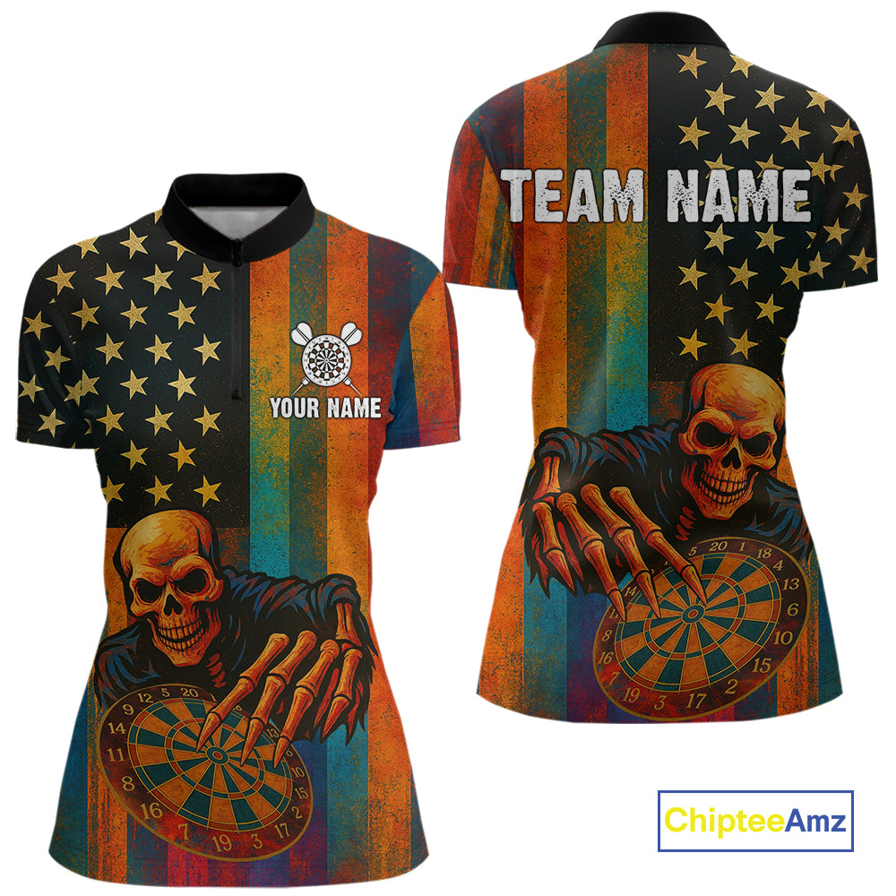 Custom Grunge Colorful US Flag Grim Reaper Dart Women Quarter-Zip Jerseys Patriotic Dart Gifts NYN1722