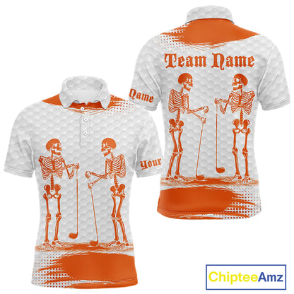 White And Orange Pattern Mens Golf Polo Shirts Custom Funny Skeleton Halloween Mens Golf Apparel NYN4922