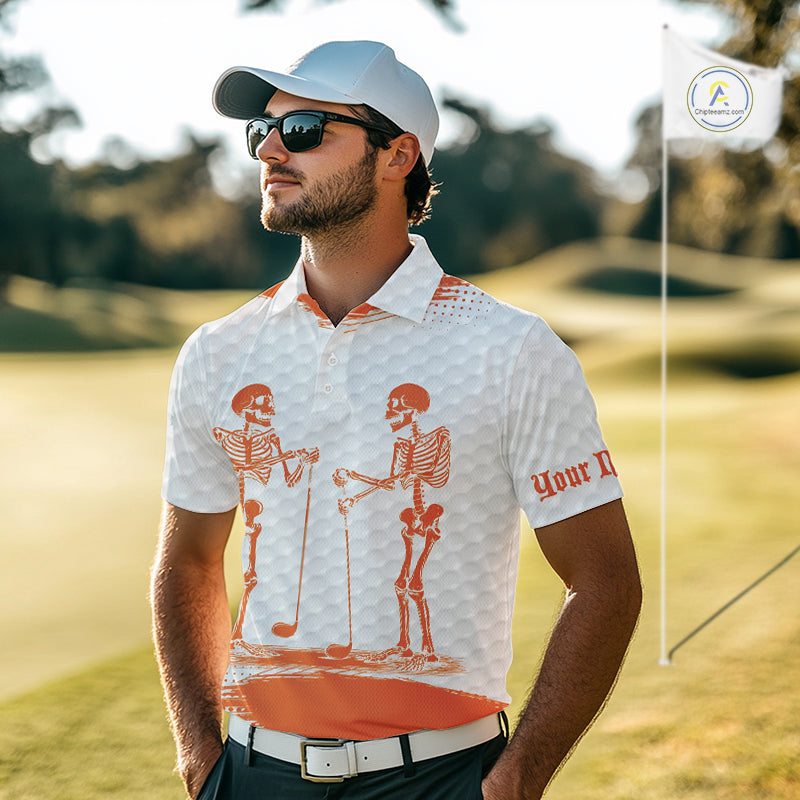 White And Orange Pattern Mens Golf Polo Shirts Custom Funny Skeleton Halloween Mens Golf Apparel NYN4922