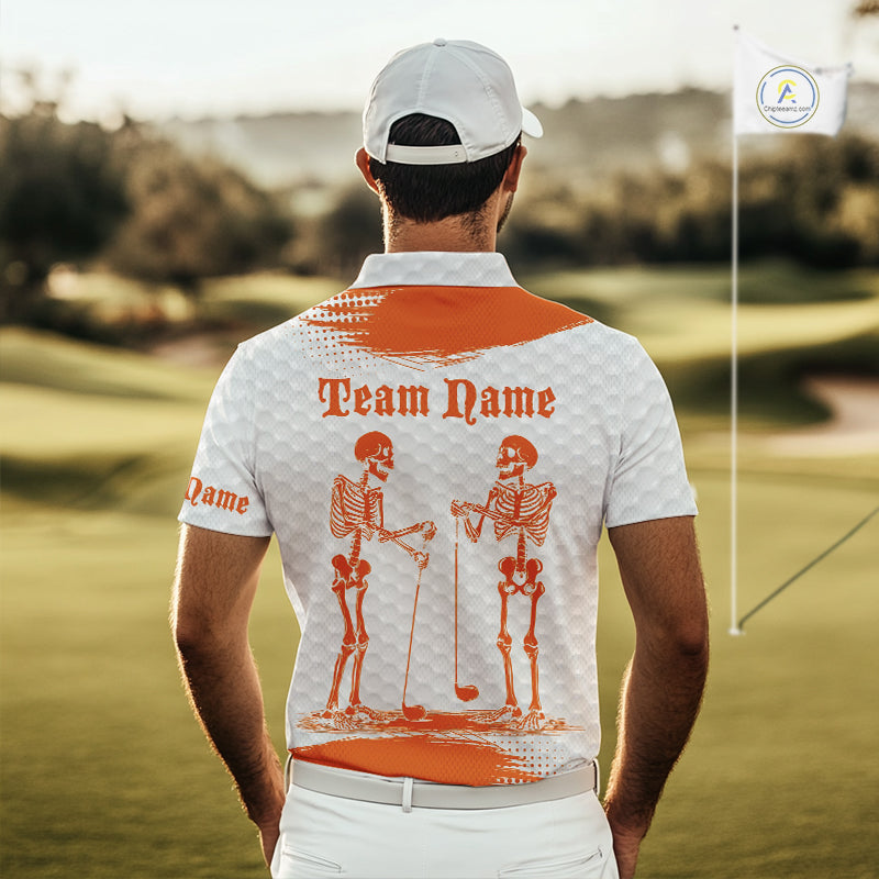 White And Orange Pattern Mens Golf Polo Shirts Custom Funny Skeleton Halloween Mens Golf Apparel NYN4922