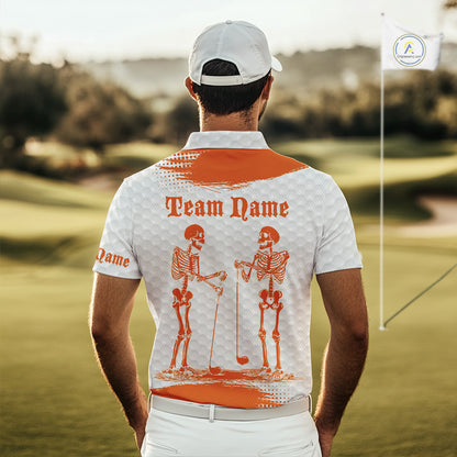 White And Orange Pattern Mens Golf Polo Shirts Custom Funny Skeleton Halloween Mens Golf Apparel NYN4922