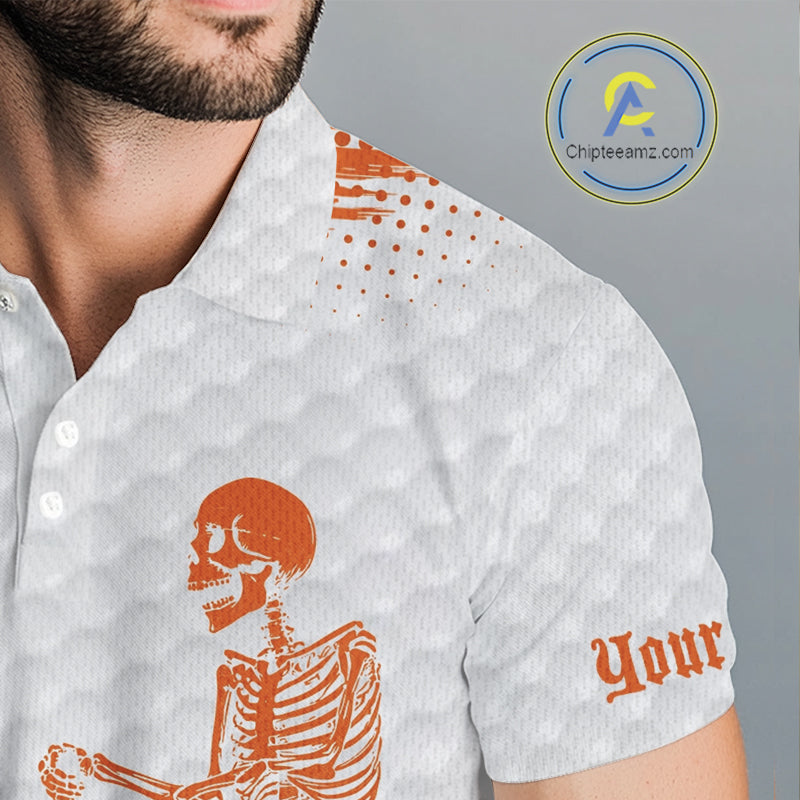 White And Orange Pattern Mens Golf Polo Shirts Custom Funny Skeleton Halloween Mens Golf Apparel NYN4922