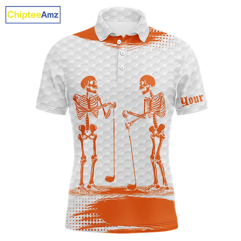 White And Orange Pattern Mens Golf Polo Shirts Custom Funny Skeleton Halloween Mens Golf Apparel NYN4922