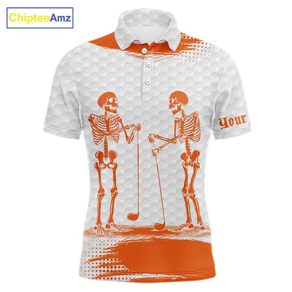 White And Orange Pattern Mens Golf Polo Shirts Custom Funny Skeleton Halloween Mens Golf Apparel NYN4922