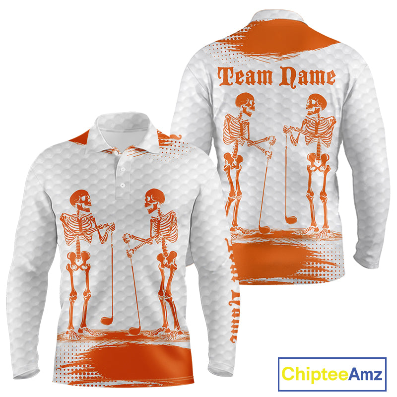 White And Orange Pattern Mens Golf Polo Shirts Custom Funny Skeleton Halloween Mens Golf Apparel NYN4922