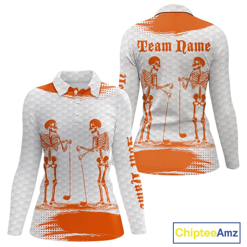 White And Orange Pattern Women Golf Polo Shirts Custom Funny Skeleton Halloween Women Golf Apparel NYN4922