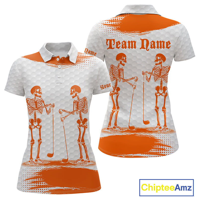 White And Orange Pattern Women Golf Polo Shirts Custom Funny Skeleton Halloween Women Golf Apparel NYN4922