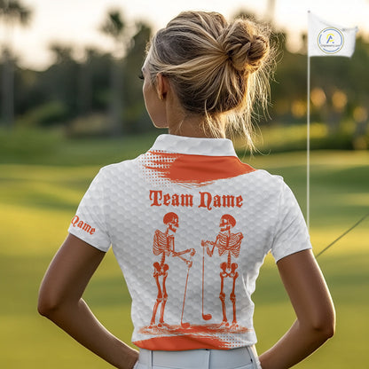 White And Orange Pattern Women Golf Polo Shirts Custom Funny Skeleton Halloween Women Golf Apparel NYN4922
