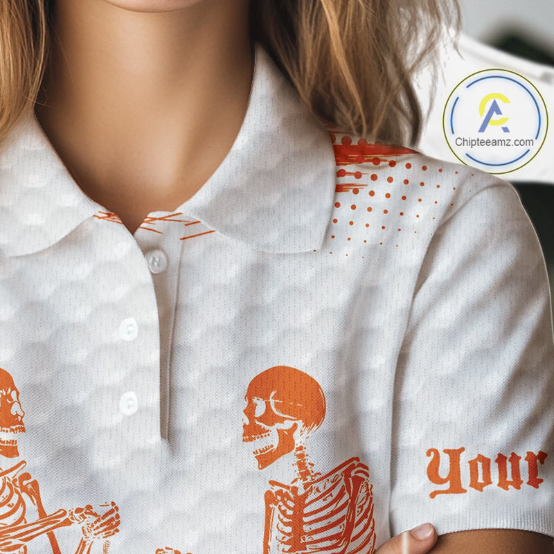 White And Orange Pattern Women Golf Polo Shirts Custom Funny Skeleton Halloween Women Golf Apparel NYN4922