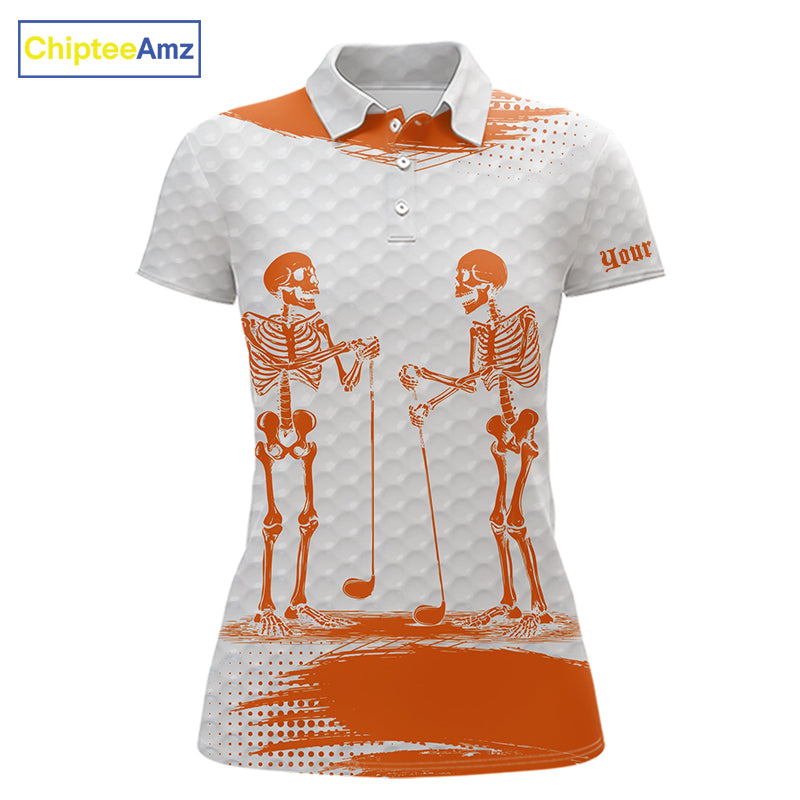 White And Orange Pattern Women Golf Polo Shirts Custom Funny Skeleton Halloween Women Golf Apparel NYN4922