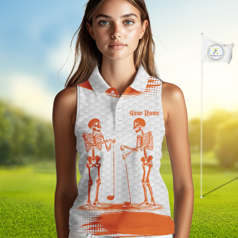 White And Orange Pattern Women Golf Sleeveless Polo Shirts Custom Funny Skeleton Halloween Women Golf Apparel NYN4922