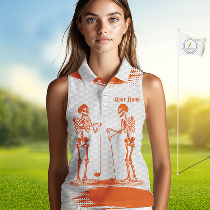 White And Orange Pattern Women Golf Sleeveless Polo Shirts Custom Funny Skeleton Halloween Women Golf Apparel NYN4922