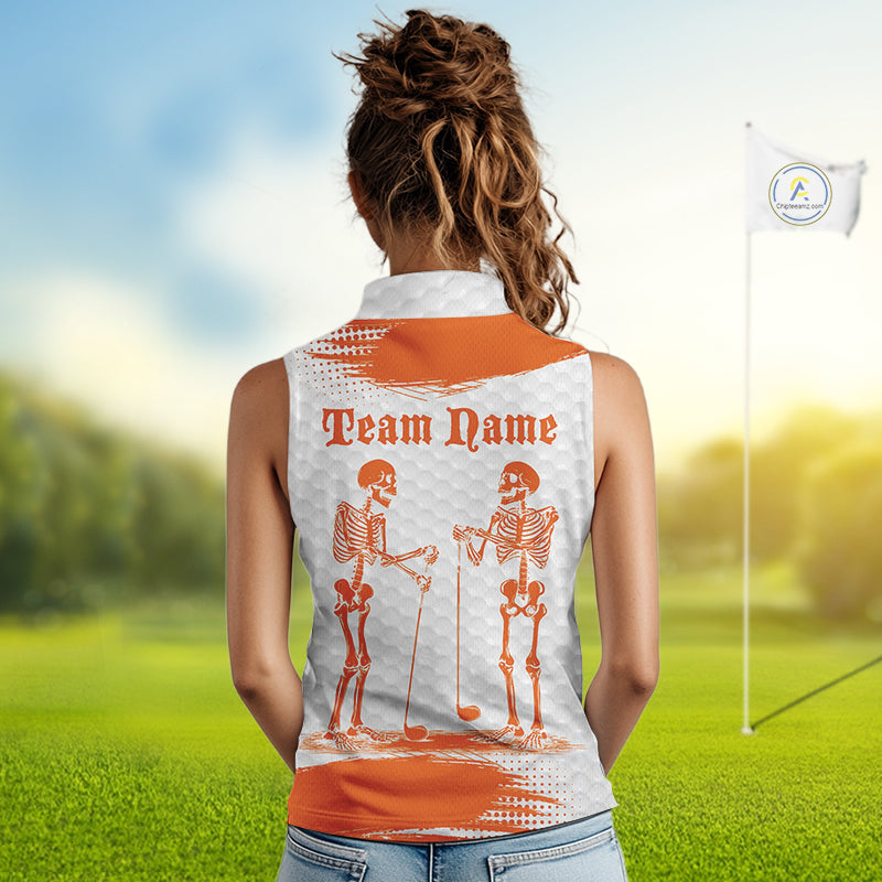 White And Orange Pattern Women Golf Sleeveless Polo Shirts Custom Funny Skeleton Halloween Women Golf Apparel NYN4922