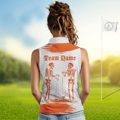 White And Orange Pattern Women Golf Sleeveless Polo Shirts Custom Funny Skeleton Halloween Women Golf Apparel NYN4922