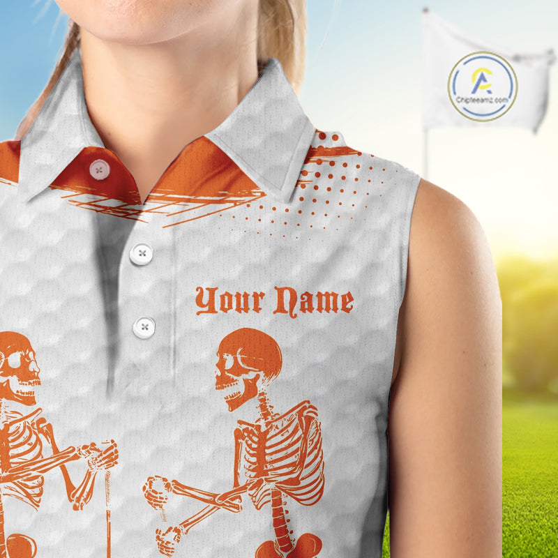 White And Orange Pattern Women Golf Sleeveless Polo Shirts Custom Funny Skeleton Halloween Women Golf Apparel NYN4922
