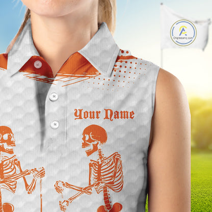 White And Orange Pattern Women Golf Sleeveless Polo Shirts Custom Funny Skeleton Halloween Women Golf Apparel NYN4922